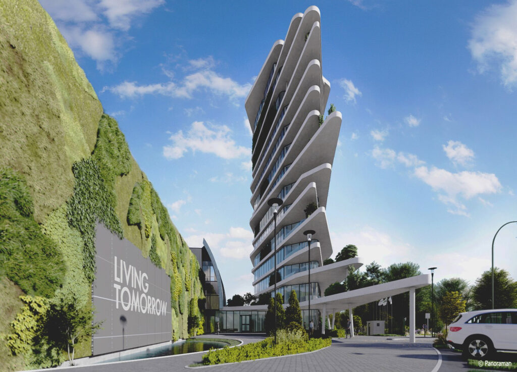 Circular construction principles guided the design of the building. A real-world application of the most recent advances in 5G, AI, and IoT. (Image Courtesy of Living Tomorrow)
