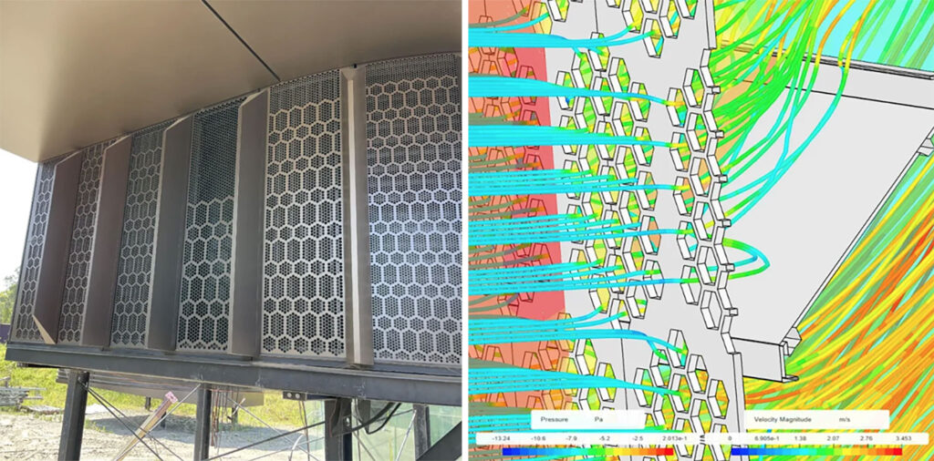 A close-up of Parkline Place North Plant Room Level 9: the perforated sheet hiding the ventilation louvers and respective CFD simulations