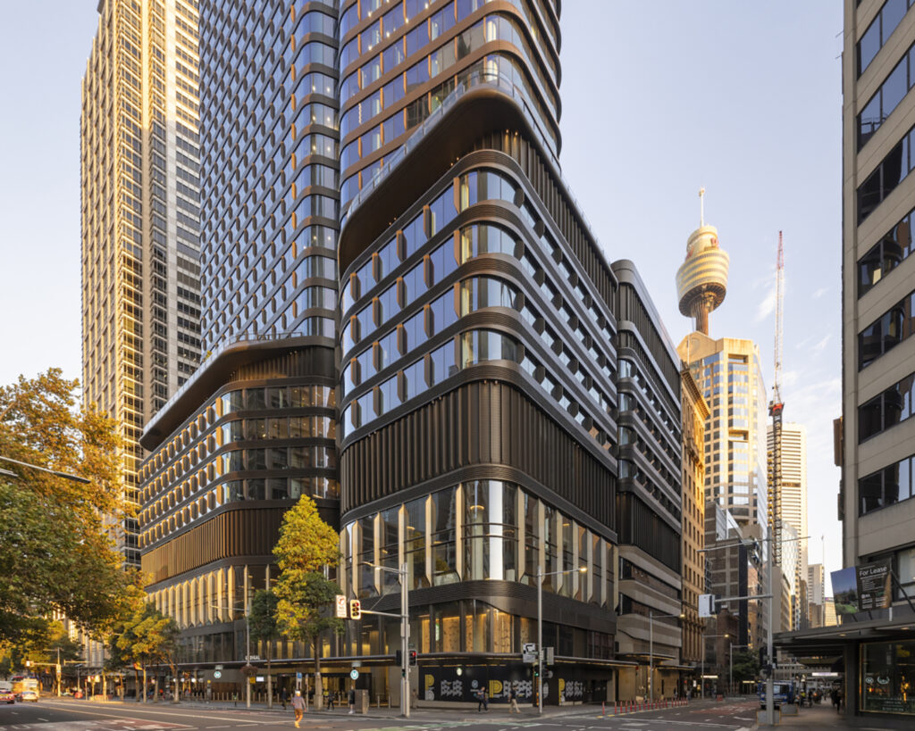HVAC plant room floors (4-5 & 9) with specialized architectural perforated screens (ventilation louvers are behind) at Parkline Place, Sydney, Australia, by Foster + Partners (Image Courtesy of Aaron Hargreaves/Foster + Partners)