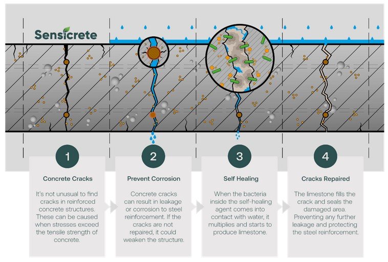 Self-healing concrete principle