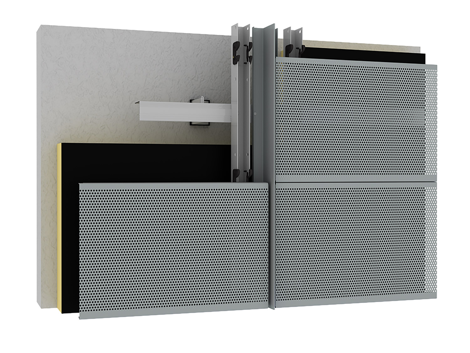 Detail of a sound-absorbing perforated aluminum panels combined with specialized membranes.