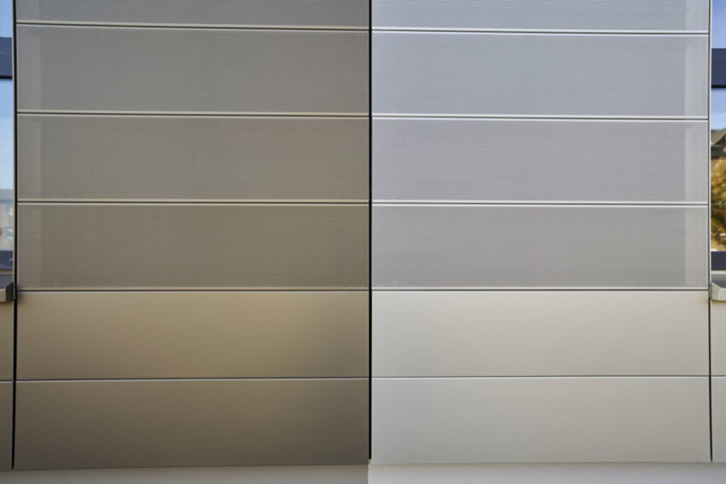 The LC Livin Residential Building in Lahnstein. Detail of the sound-absorbing perforated aluminum panels combined with specialized membranes.