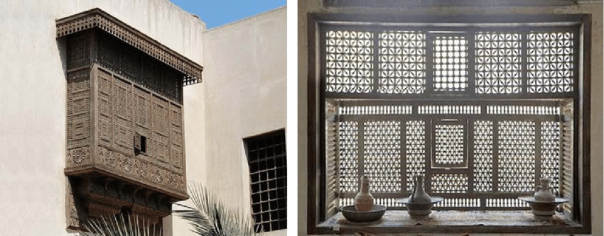 Example of a Mashrabiya in exterior shot (on the left) and in interior shot (on the right) Yasmin Mounir, in Modern Mashrabiyas with High-tech Daylight Responsive Systems - ResearchGate